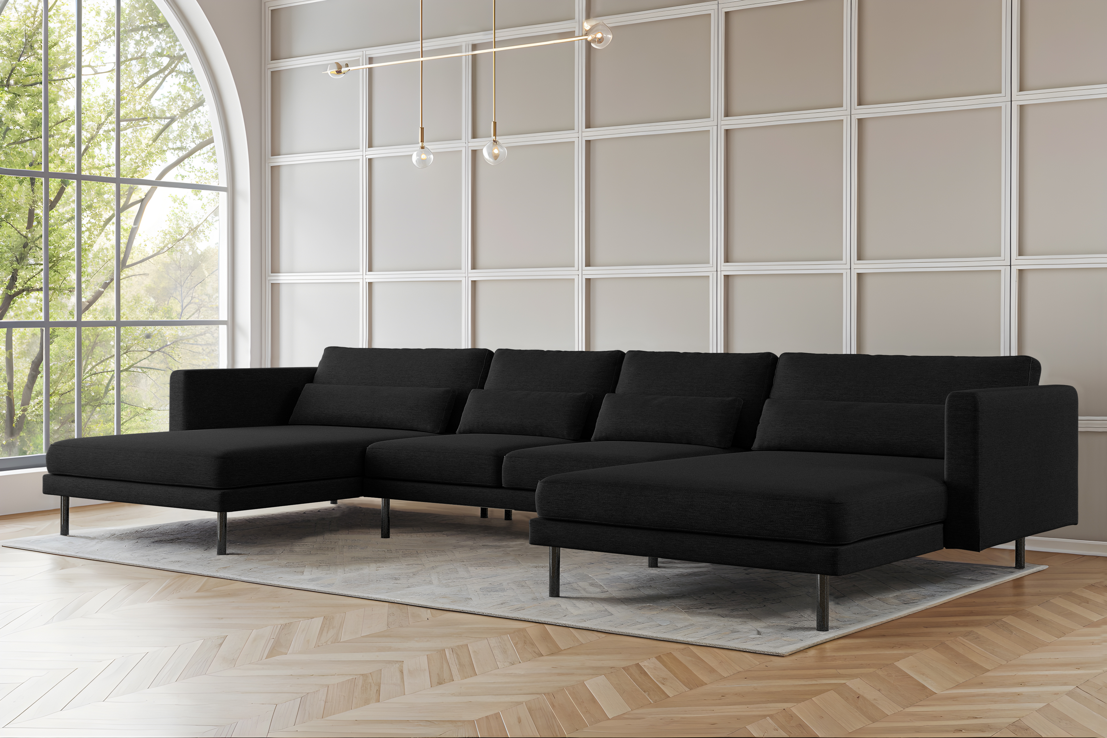 Elegantes Ecksofa DANI U mit Verita-Stoff in modernem Wohnzimmer – großes U-förmiges Sofa mit Kissen und Metallfüßen, Verita 98